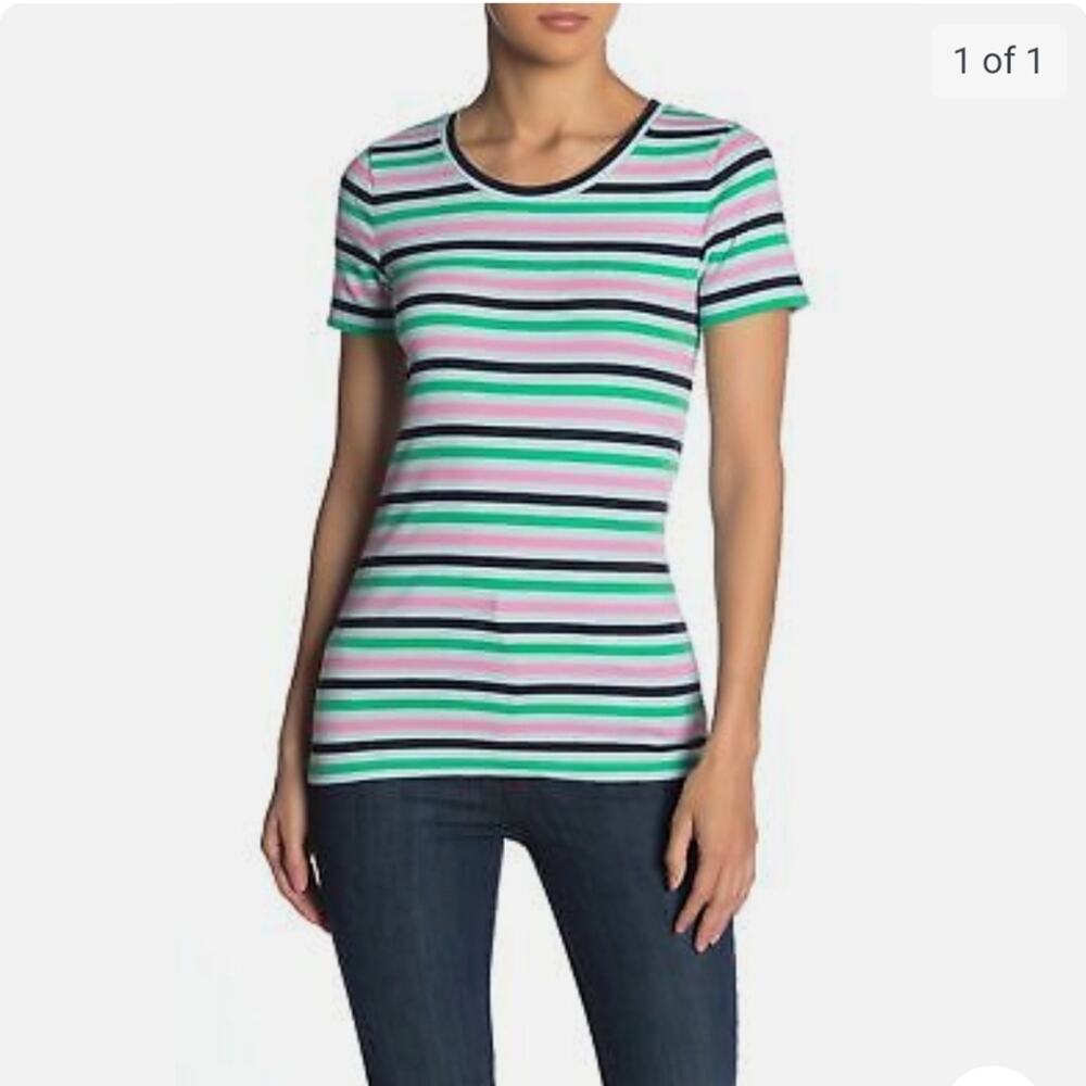 J Crew Indigo Aqua Emerald Striped Perfect Fit Short Sleeve Top Size Large